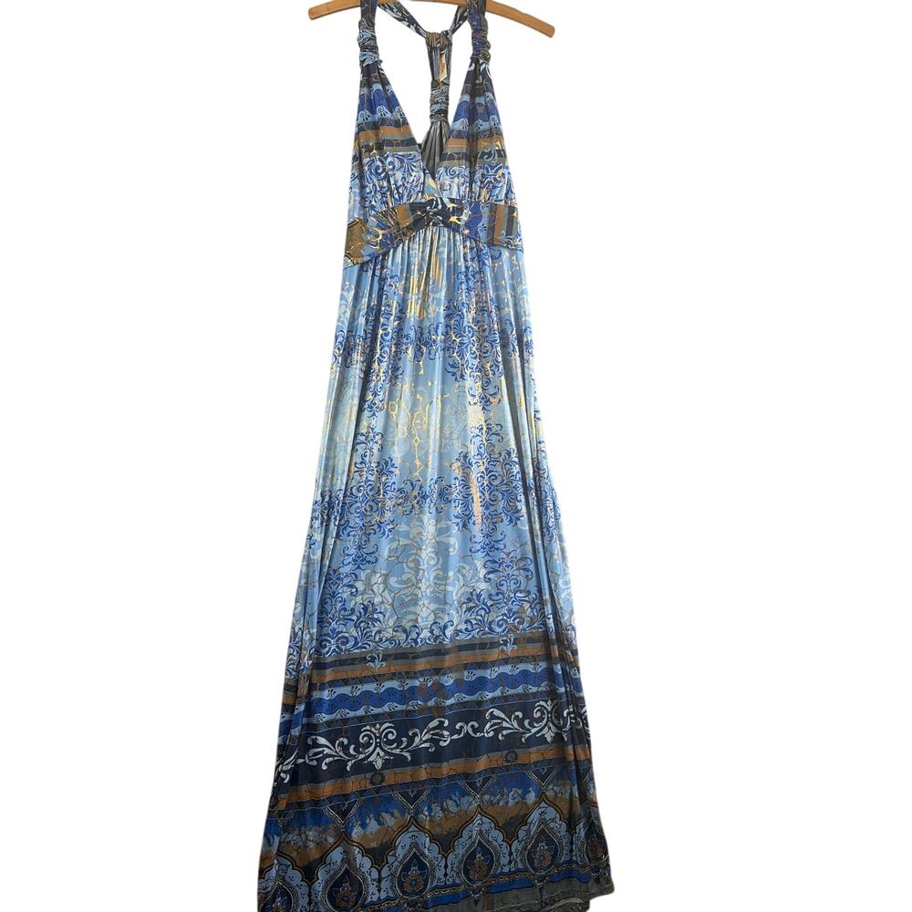 Shoreline Wear L/XL Abstract Gold Foil Halter Maxi Dress Blue Metallic Baroque